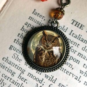Victorian Owl Bookmark‎ - Halloween - Vintage Bronze & Glass Cabochon Book Hook